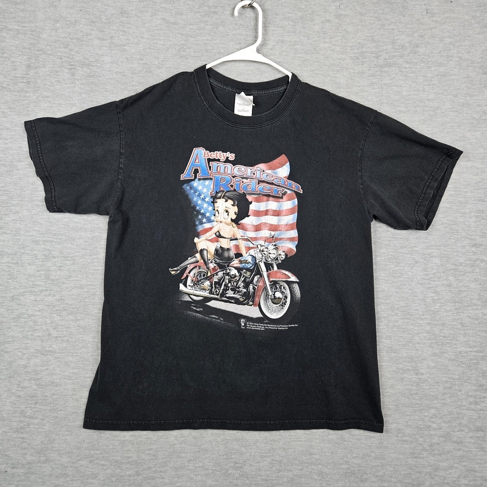 Vintage 2001 Betty Boop Betty's Motorcycle Graphic American Rider Biker Tee Sz L
